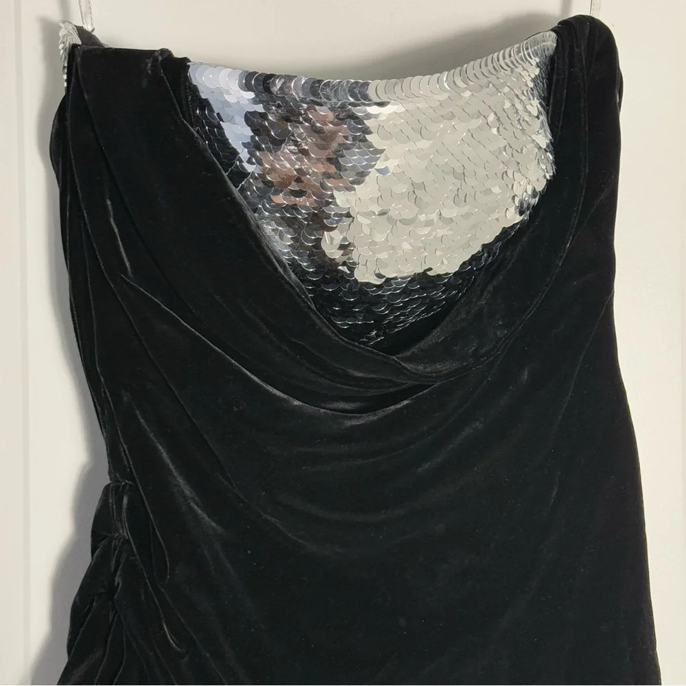 Oscar de la Renta black strapless draped velvet and sequin top / minidress - Picture 6 of 14